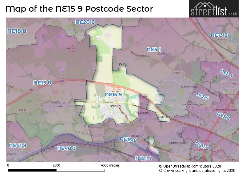 Map of the NE15 9 and surrounding postcode sector