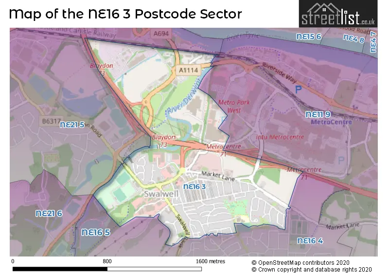 Map of the NE16 3 and surrounding postcode sector