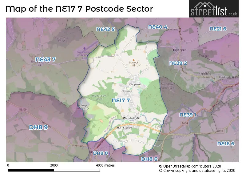 Map of the NE17 7 and surrounding postcode sector