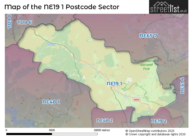 Map of the NE19 1 and surrounding postcode sector