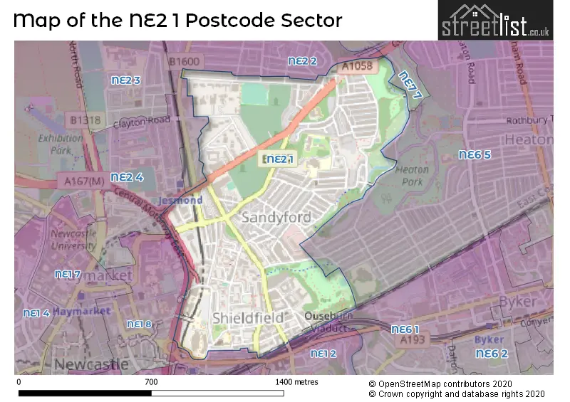 Map of the NE2 1 and surrounding postcode sector