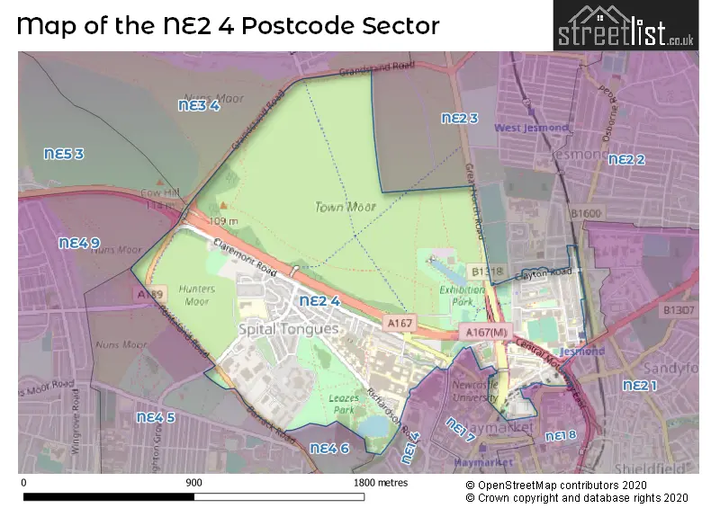 Map of the NE2 4 and surrounding postcode sector