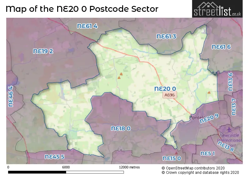 Map of the NE20 0 and surrounding postcode sector