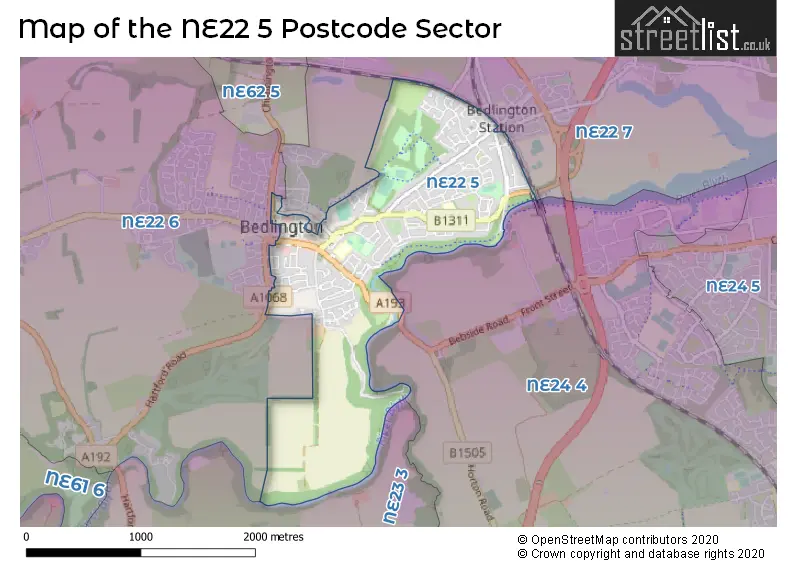 Map of the NE22 5 and surrounding postcode sector