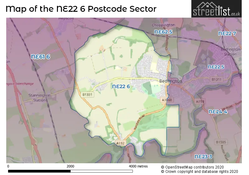 Map of the NE22 6 and surrounding postcode sector