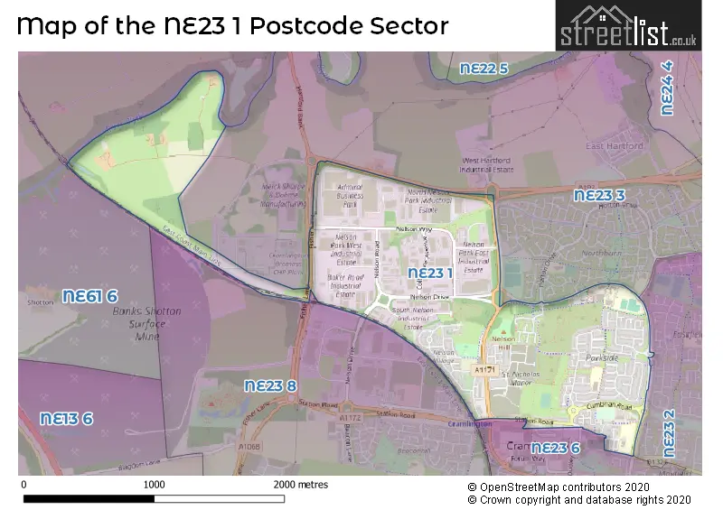 Map of the NE23 1 and surrounding postcode sector
