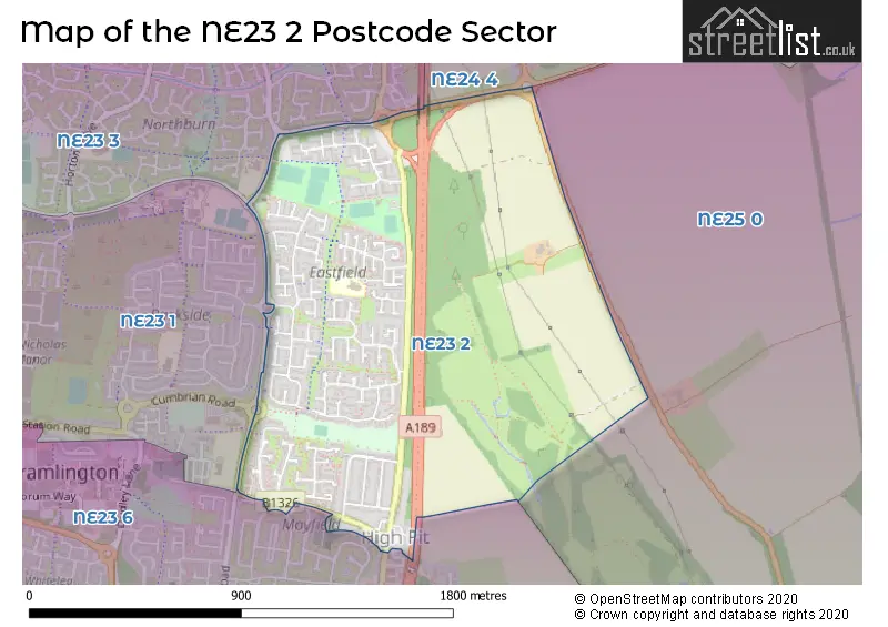 Map of the NE23 2 and surrounding postcode sector