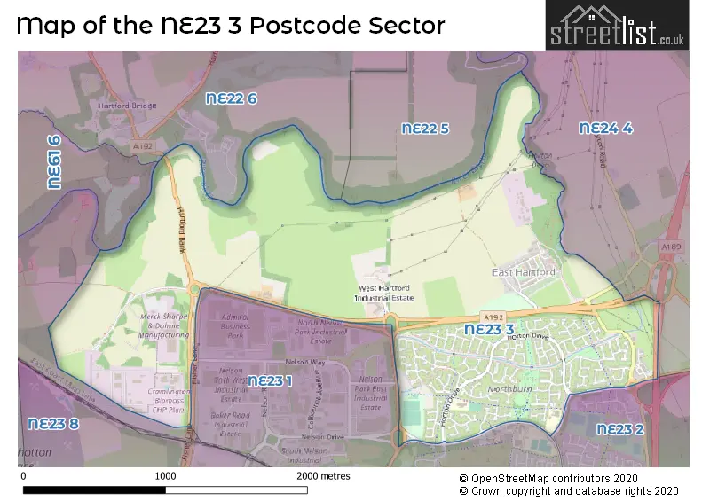 Map of the NE23 3 and surrounding postcode sector