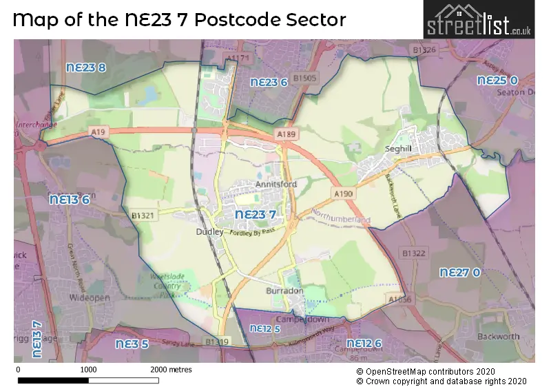 Map of the NE23 7 and surrounding postcode sector
