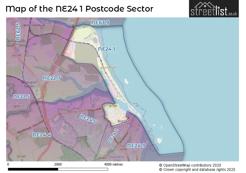 Map of the NE24 1 and surrounding postcode sector