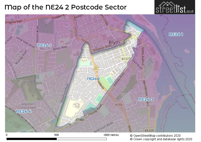 Map of the NE24 2 and surrounding postcode sector