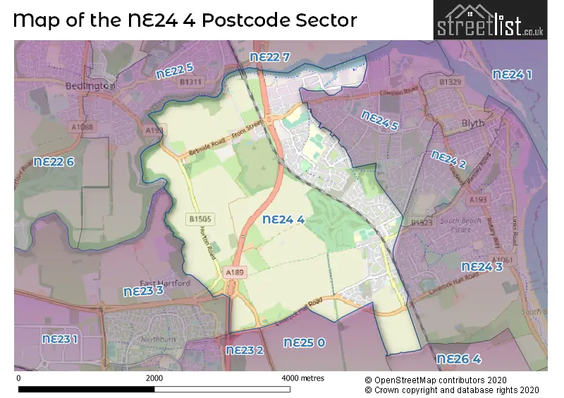 Map of the NE24 4 and surrounding postcode sector