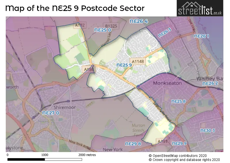 Map of the NE25 9 and surrounding postcode sector