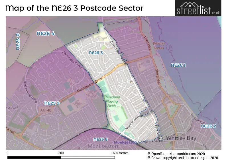Map of the NE26 3 and surrounding postcode sector