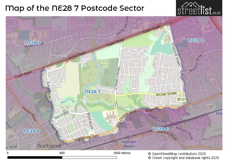 Map of the NE28 7 and surrounding postcode sector