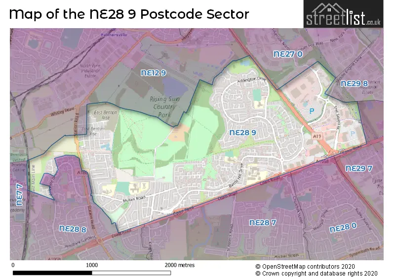 Map of the NE28 9 and surrounding postcode sector