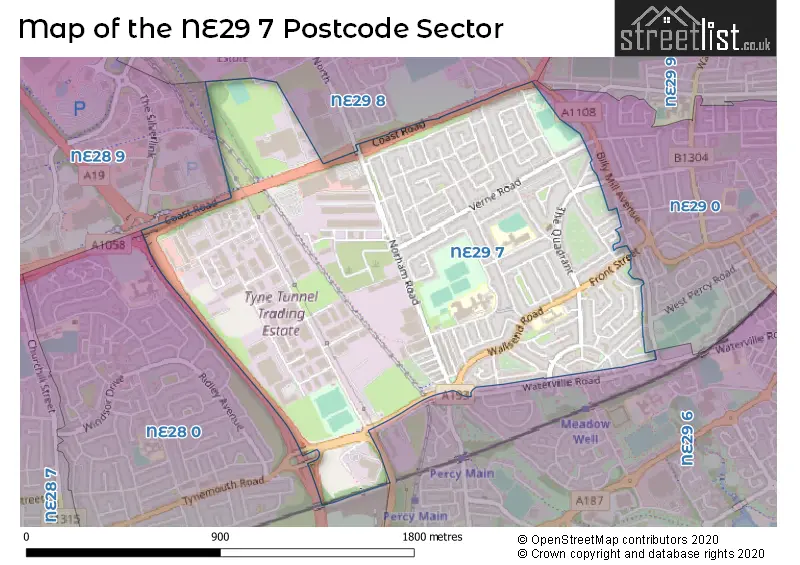 Map of the NE29 7 and surrounding postcode sector