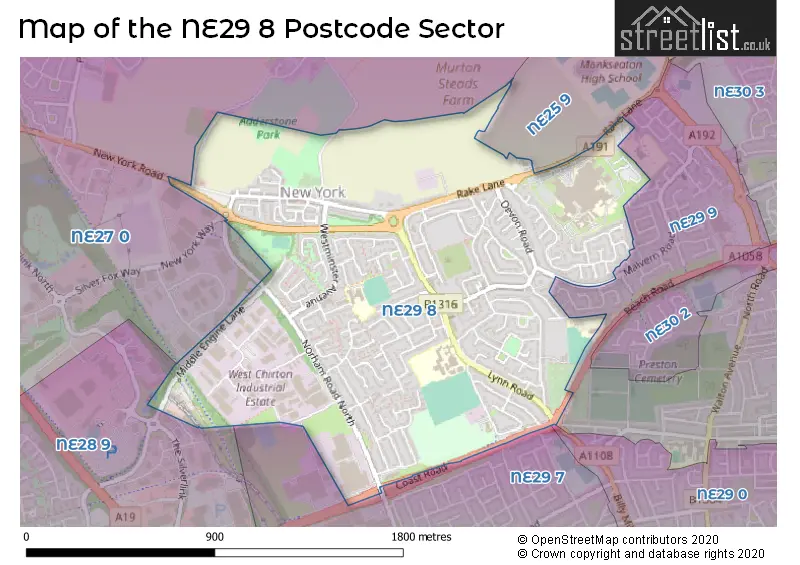Map of the NE29 8 and surrounding postcode sector