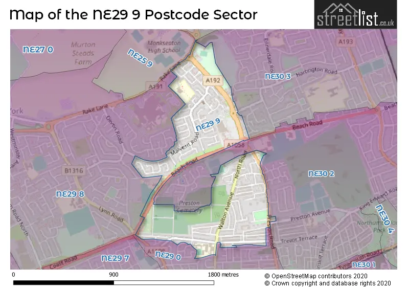 Map of the NE29 9 and surrounding postcode sector
