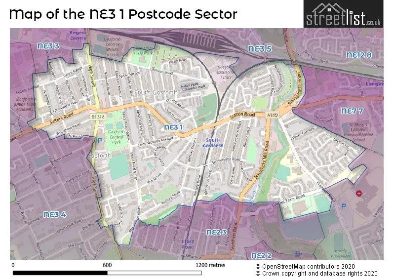 Map of the NE3 1 and surrounding postcode sector