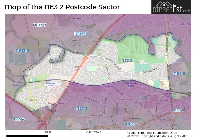 Map of the NE3 2 and surrounding postcode sector