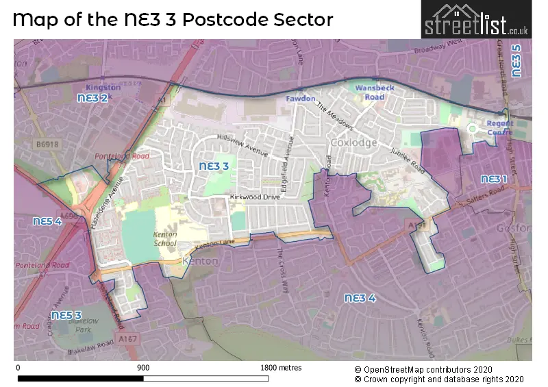 Map of the NE3 3 and surrounding postcode sector