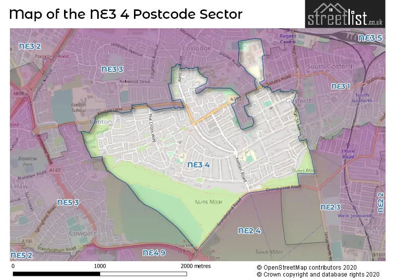 Map of the NE3 4 and surrounding postcode sector