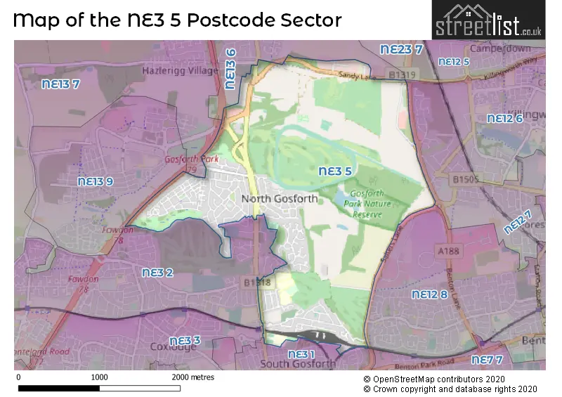 Map of the NE3 5 and surrounding postcode sector