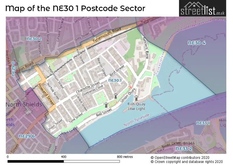 Map of the NE30 1 and surrounding postcode sector