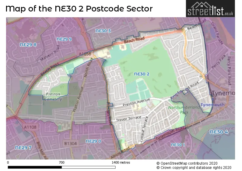 Map of the NE30 2 and surrounding postcode sector