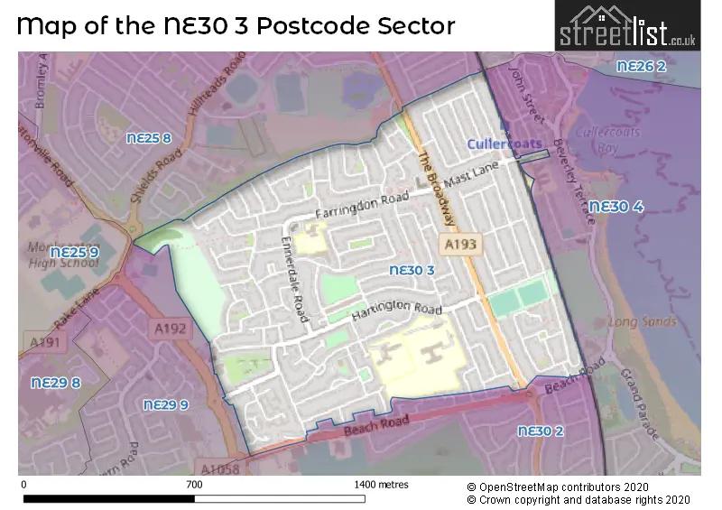 Map of the NE30 3 and surrounding postcode sector