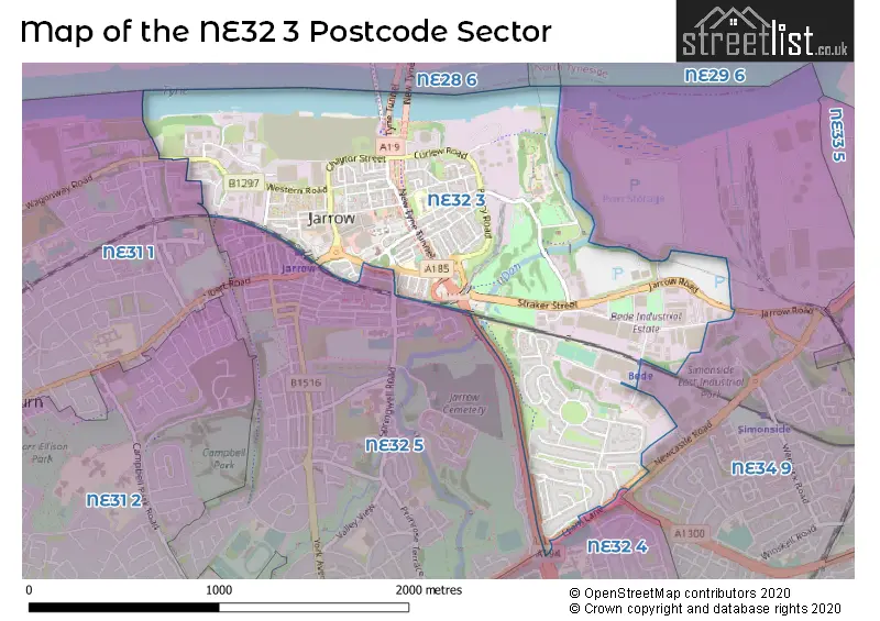 Map of the NE32 3 and surrounding postcode sector