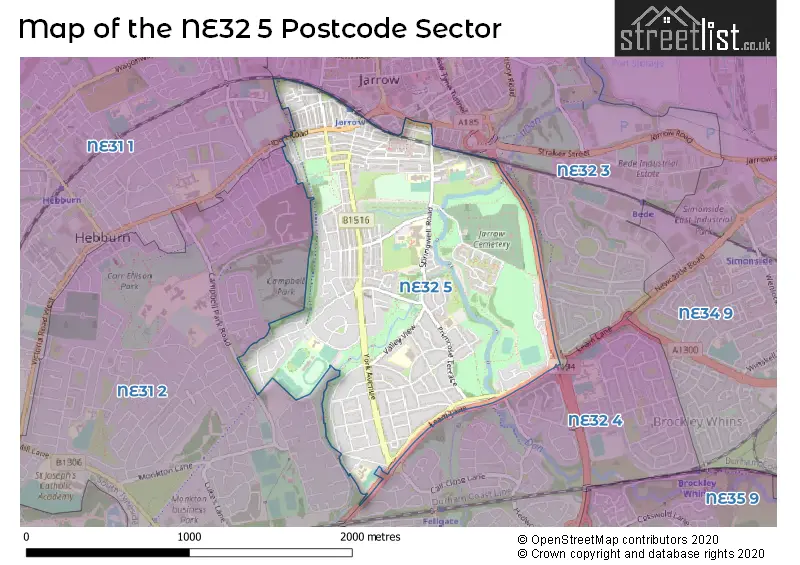 Map of the NE32 5 and surrounding postcode sector