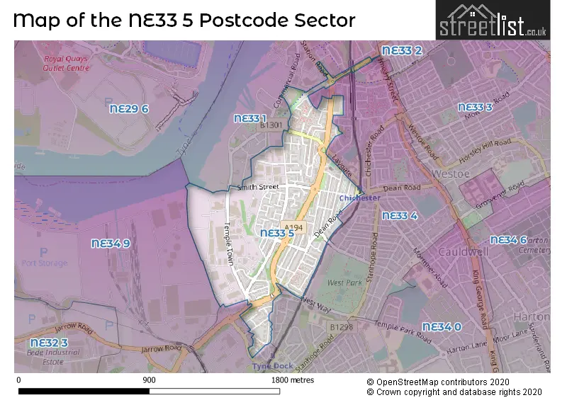 Map of the NE33 5 and surrounding postcode sector