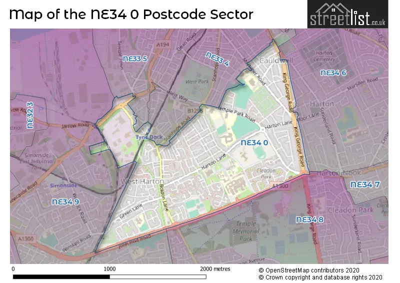 Map of the NE34 0 and surrounding postcode sector