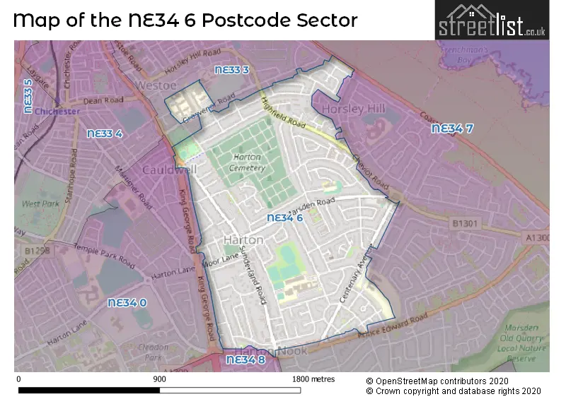 Map of the NE34 6 and surrounding postcode sector