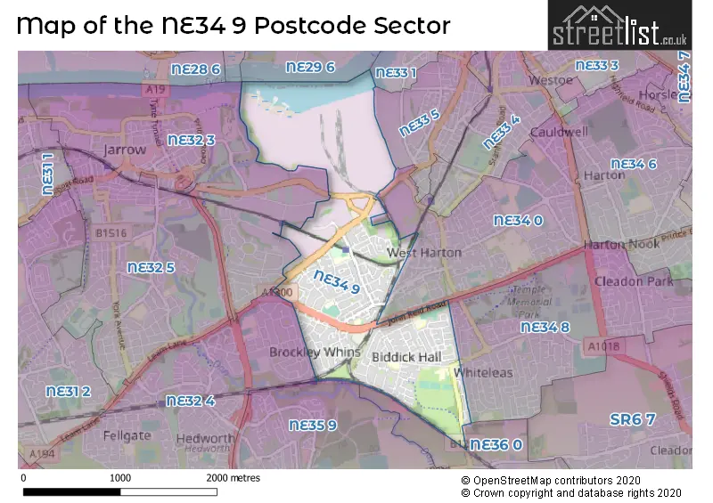 Map of the NE34 9 and surrounding postcode sector