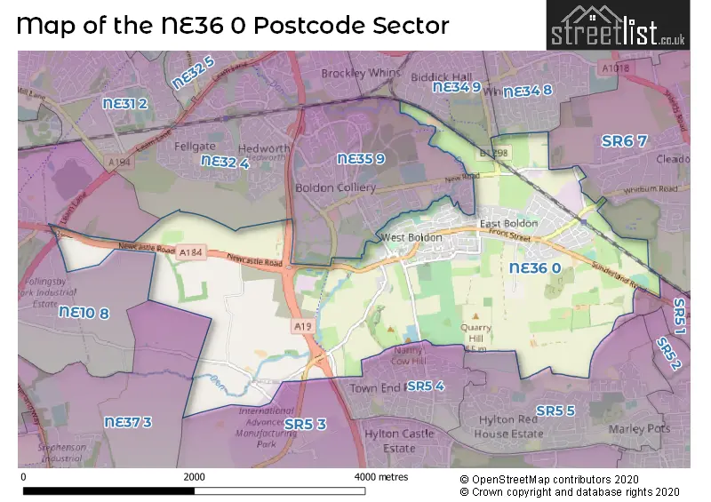 Map of the NE36 0 and surrounding postcode sector