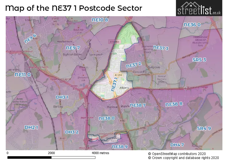 Map of the NE37 1 and surrounding postcode sector