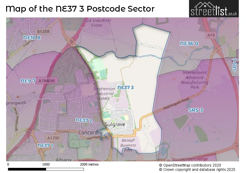 Map of the NE37 3 and surrounding postcode sector