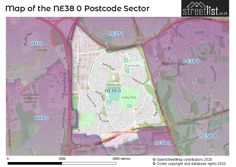 Map of the NE38 0 and surrounding postcode sector