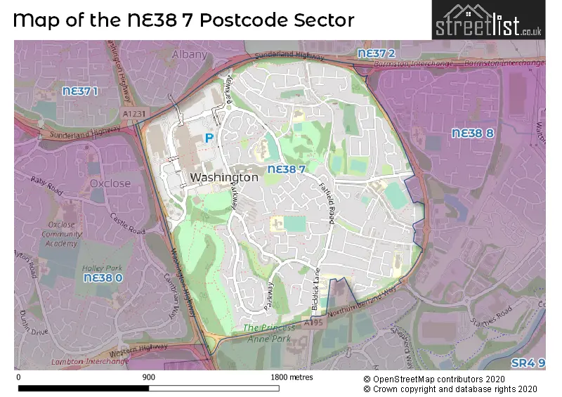 Map of the NE38 7 and surrounding postcode sector