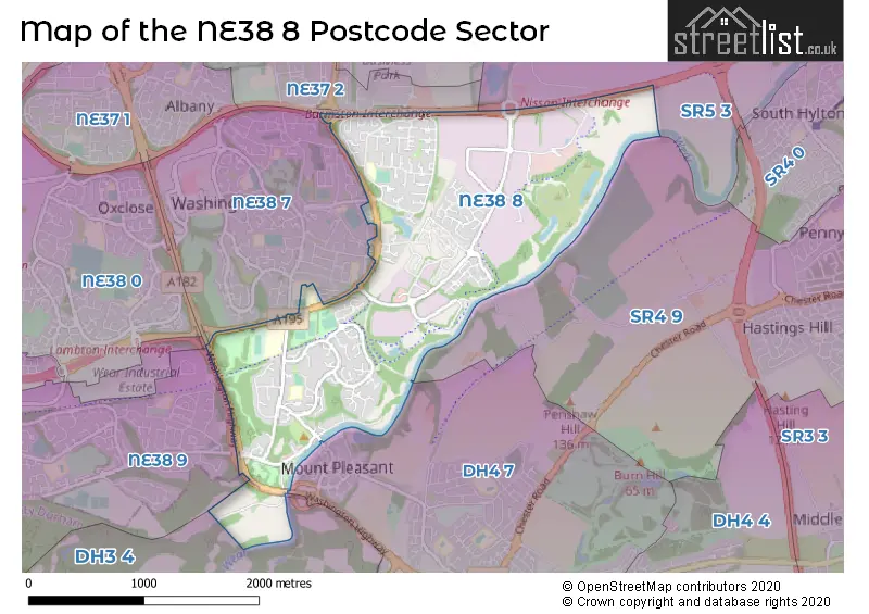 Map of the NE38 8 and surrounding postcode sector