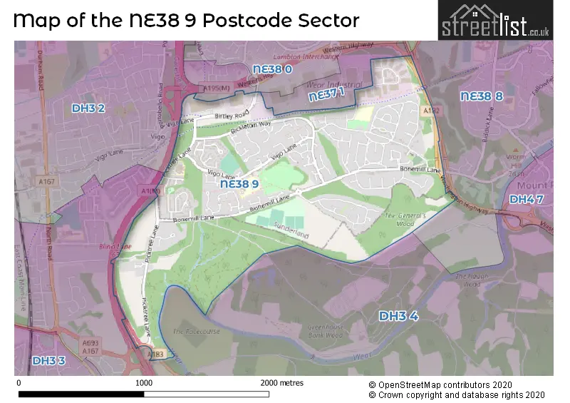 Map of the NE38 9 and surrounding postcode sector