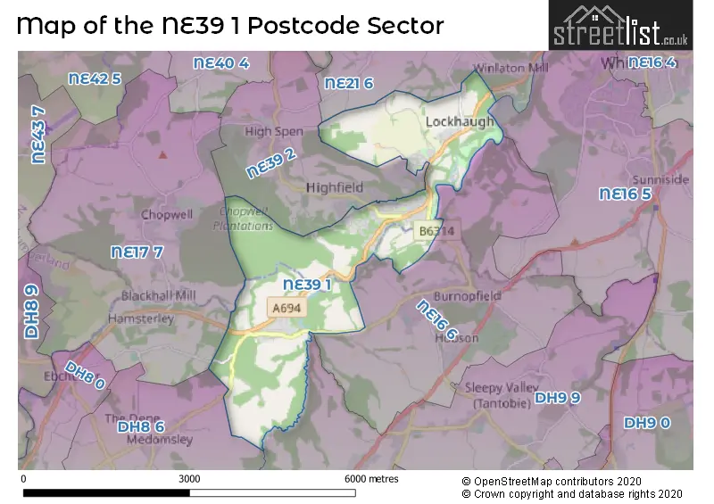 Map of the NE39 1 and surrounding postcode sector