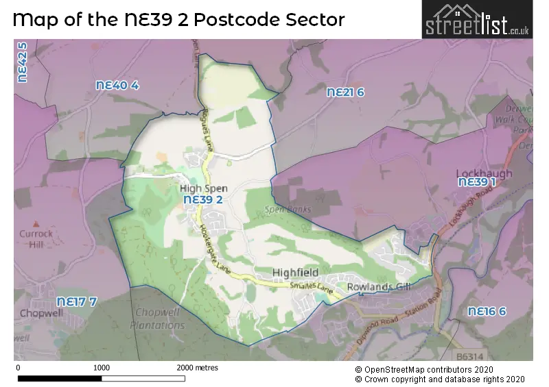 Map of the NE39 2 and surrounding postcode sector