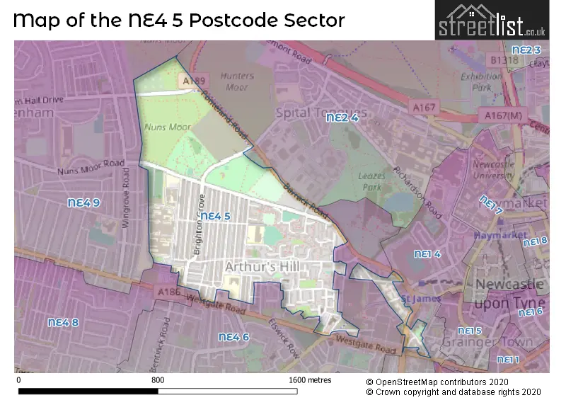 Map of the NE4 5 and surrounding postcode sector