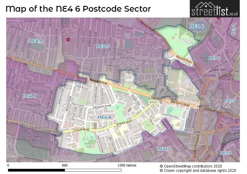 Map of the NE4 6 and surrounding postcode sector