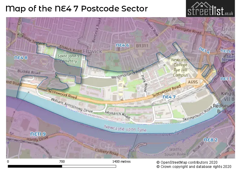 Map of the NE4 7 and surrounding postcode sector
