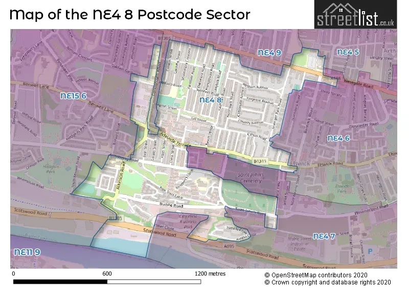 Map of the NE4 8 and surrounding postcode sector